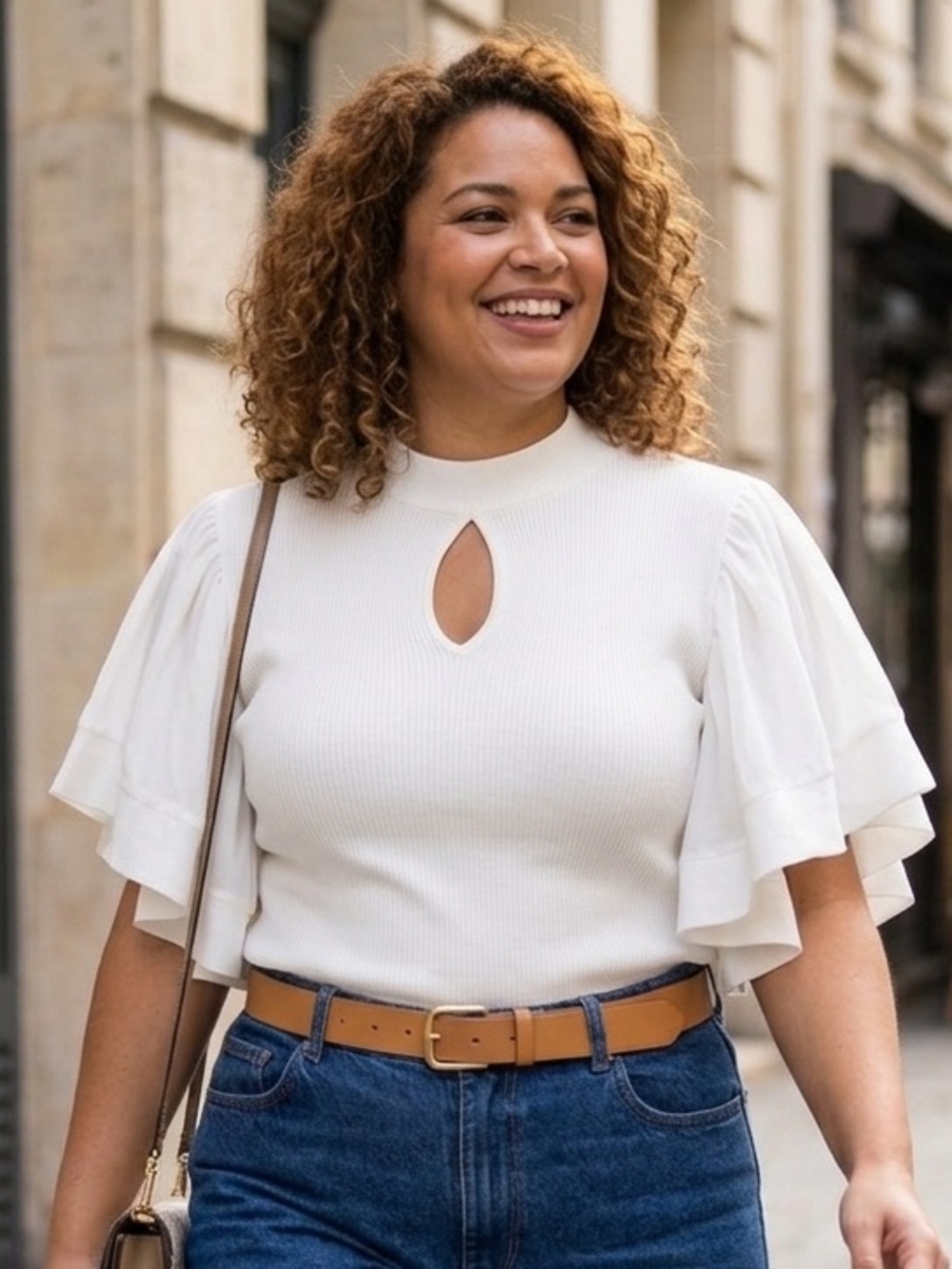 NY&Co 7th Avenue Cream Ribbed Keyhole Top Chiffon Flutter Sleeve XXL